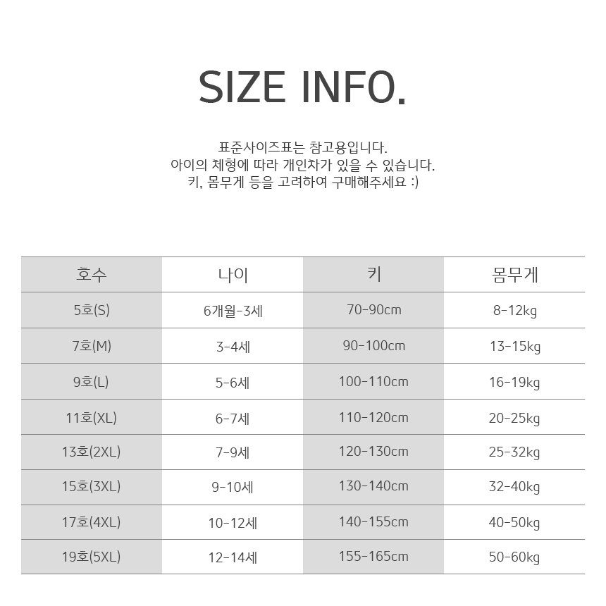 백프로코튼 사이즈표 1