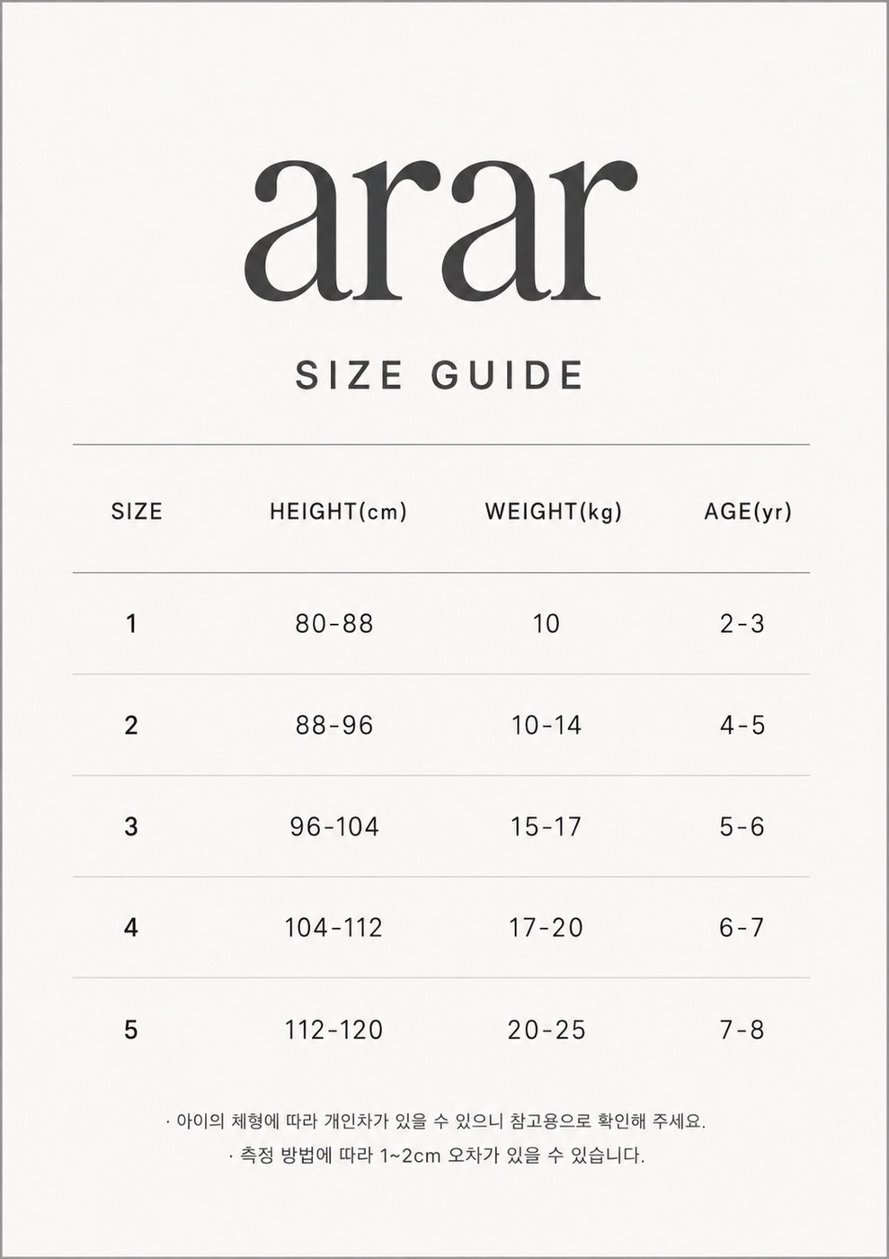 아르아르 사이즈표 1