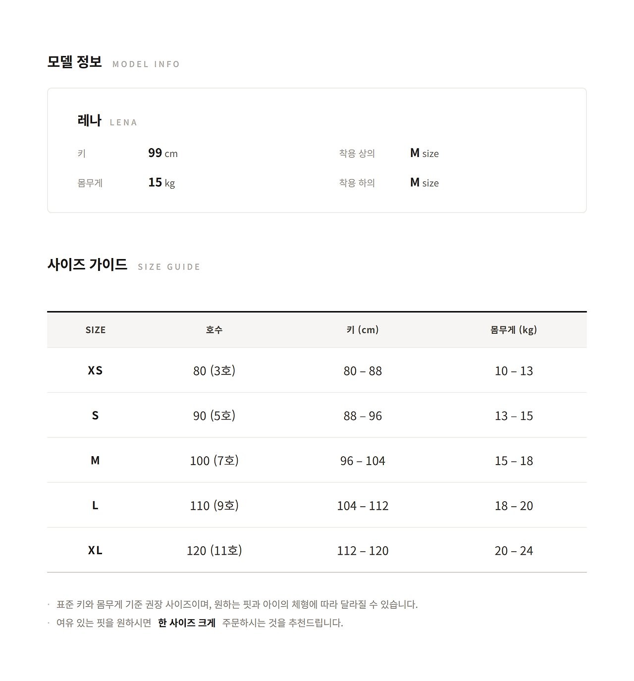 모메 사이즈표 1