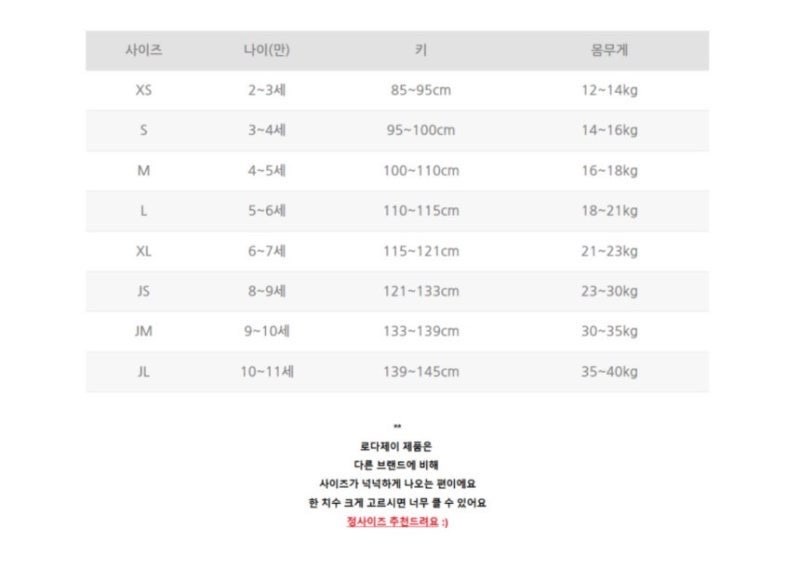 로다제이 사이즈표 1