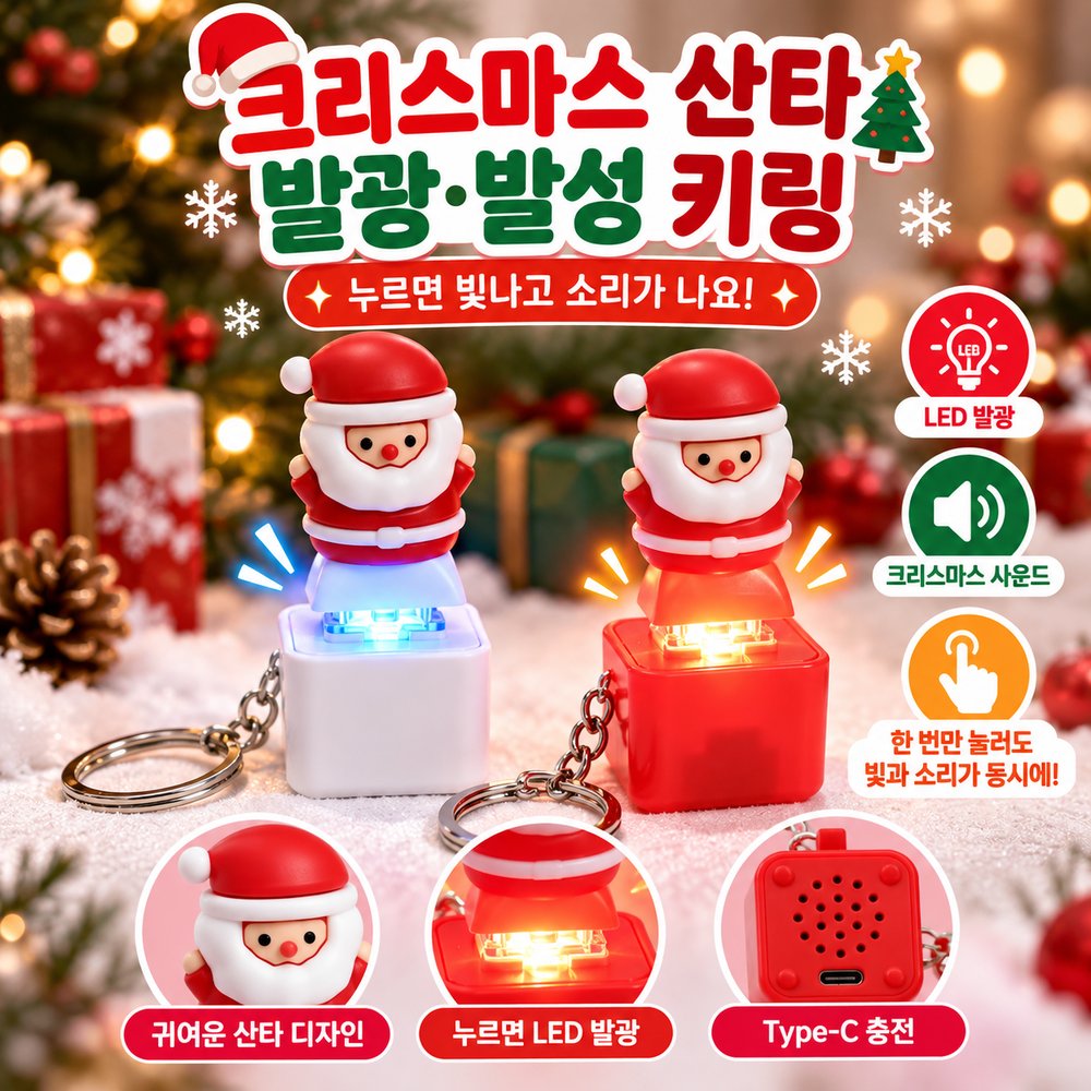크리스마스 산타 LED 뮤직 키링 1+1